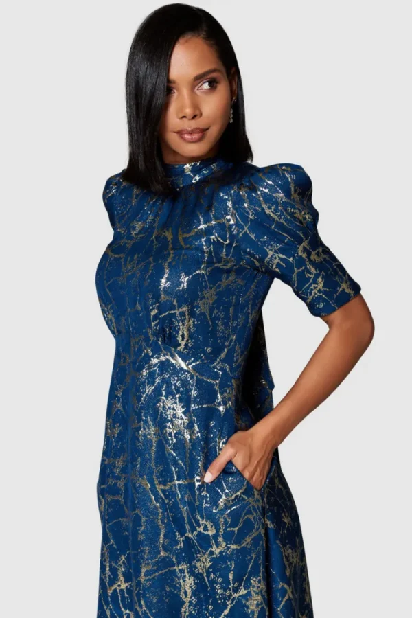 Closet Occasionwear<AISLING TIE BACK A-LINE MIDI DRESS (NAVY/GOLD)