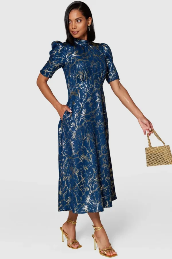 Closet Occasionwear<AISLING TIE BACK A-LINE MIDI DRESS (NAVY/GOLD)