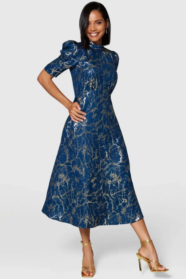 Closet Occasionwear<AISLING TIE BACK A-LINE MIDI DRESS (NAVY/GOLD)