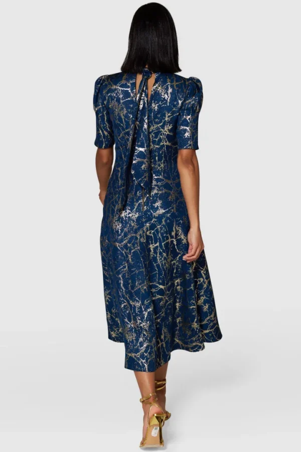 Closet Occasionwear<AISLING TIE BACK A-LINE MIDI DRESS (NAVY/GOLD)