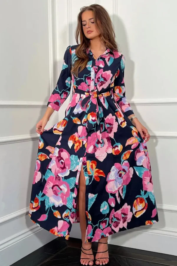 Girl in Mind Occasionwear<ANGELA FLORAL SHIRT DRESS (NAVY/PURPLE)