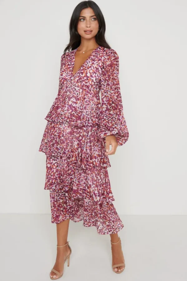 Pretty Lavish Occasionwear<ASHTON RUFFLE MIDI DRESS (CORAL ABSTRACT) CURVE