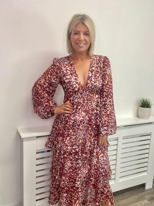 Pretty Lavish Occasionwear<ASHTON RUFFLE MIDI DRESS (CORAL ABSTRACT) CURVE