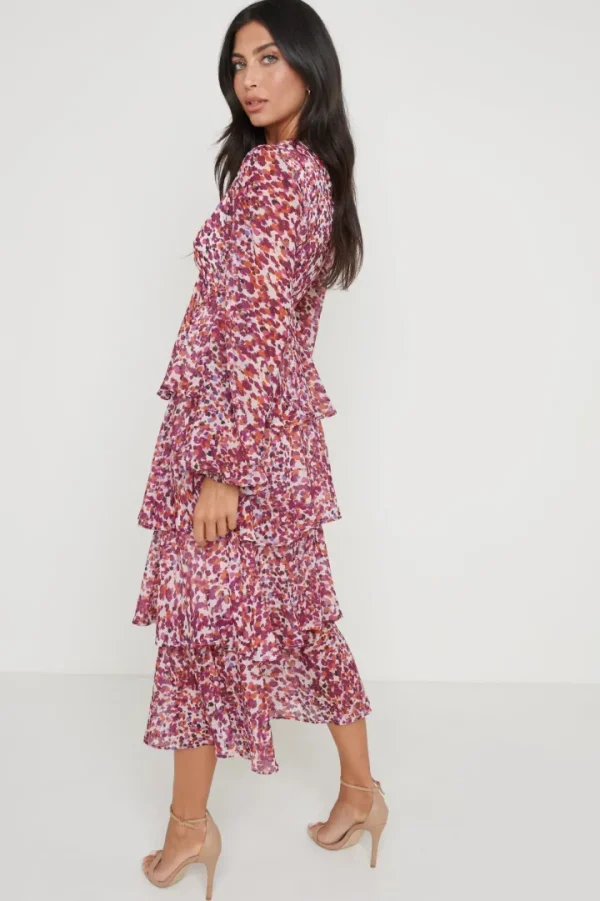 Pretty Lavish Occasionwear<ASHTON RUFFLE MIDI DRESS (CORAL ABSTRACT) CURVE
