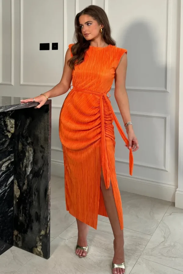 Girl in Mind Occasionwear<Elena Ruched Seamed Midi Dress (Orange)