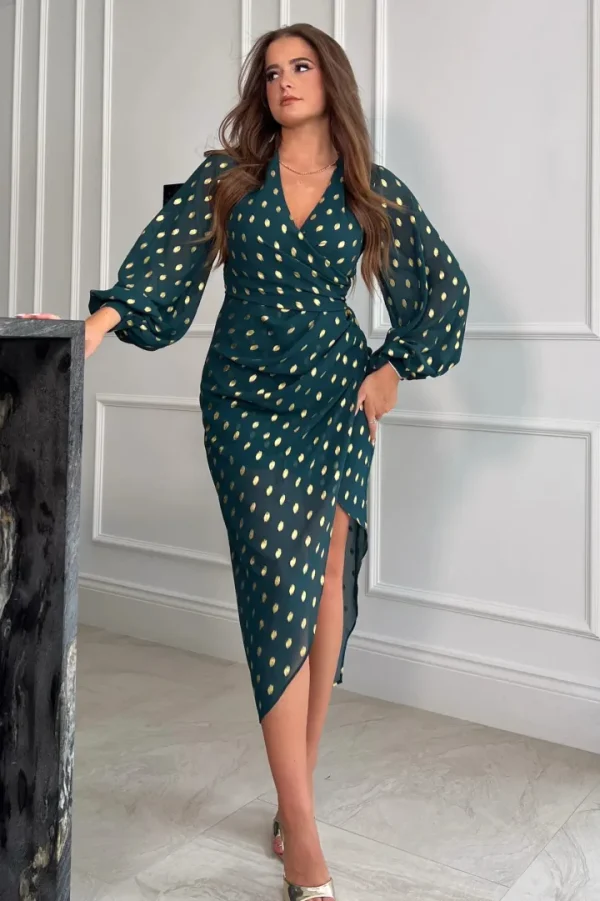Girl in Mind Occasionwear<Elsa Foil Wrap Asymmetric Dress (Green)