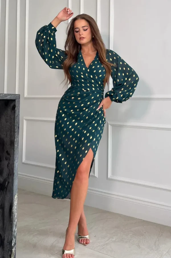 Girl in Mind Occasionwear<Elsa Foil Wrap Asymmetric Dress (Green)
