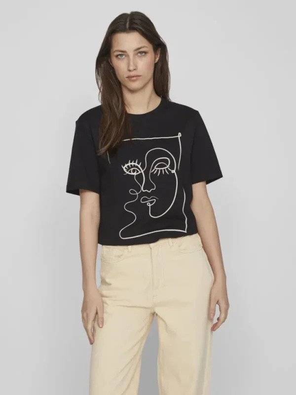 Vila T-Shirts<FACE PRINTED COTTON T-SHIRT (BLACK)