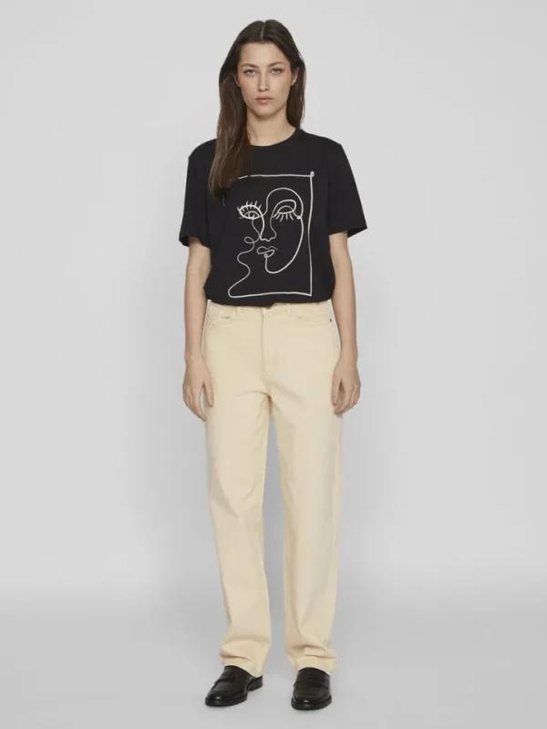 Vila T-Shirts<FACE PRINTED COTTON T-SHIRT (BLACK)