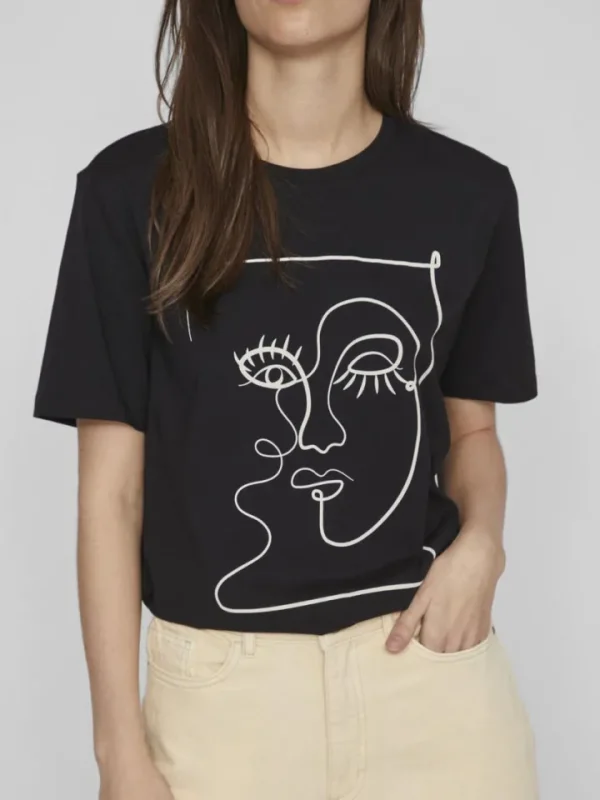 Vila T-Shirts<FACE PRINTED COTTON T-SHIRT (BLACK)