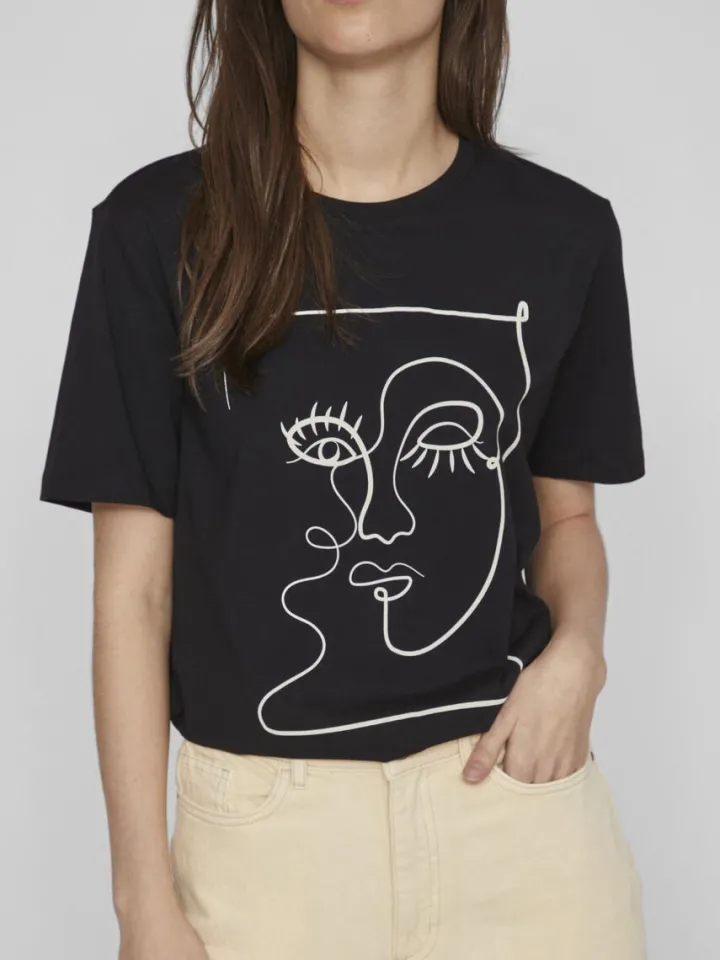 face_printed_cotton_tshir_3.webp Vila T-Shirts<FACE PRINTED COTTON T-SHIRT (BLACK)