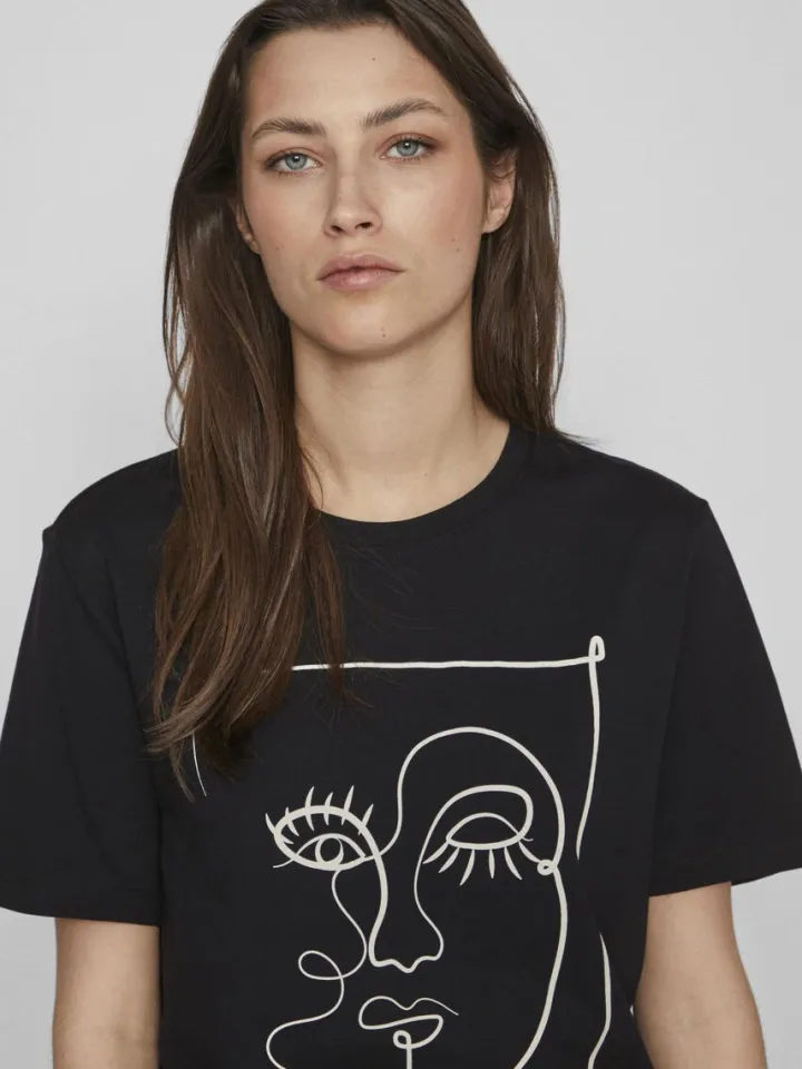 face_printed_cotton_tshir_4.webp Vila T-Shirts<FACE PRINTED COTTON T-SHIRT (BLACK)