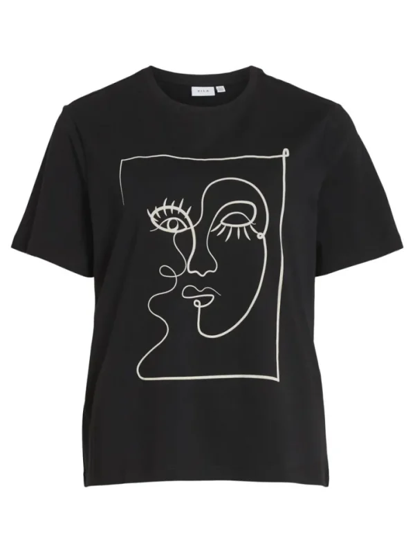 Vila T-Shirts<FACE PRINTED COTTON T-SHIRT (BLACK)
