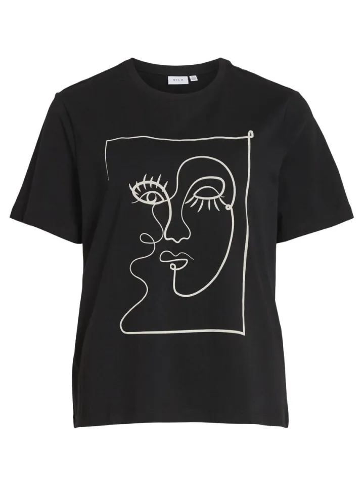 face_printed_cotton_tshir_6.webp Vila T-Shirts<FACE PRINTED COTTON T-SHIRT (BLACK)