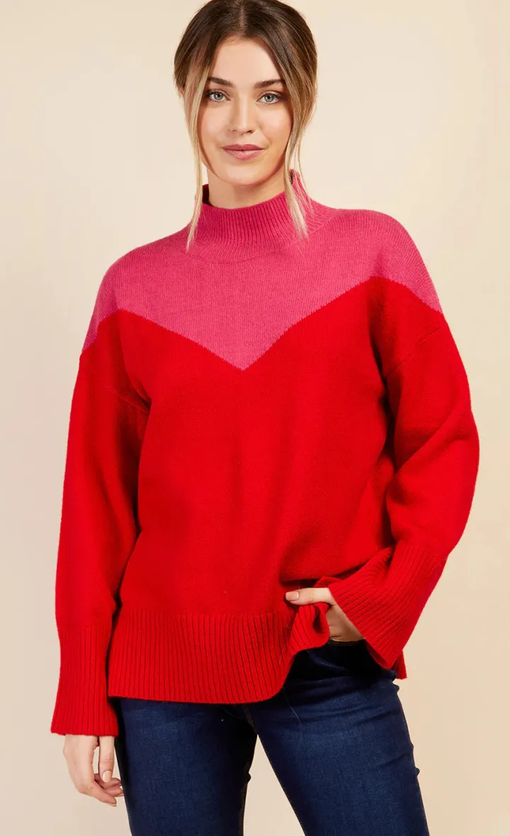 jolene_colour_block_jumpe_1.webp Little Mistress Jumpers & Cardigans<JOLENE COLOUR BLOCK JUMPER (PINK/RED)