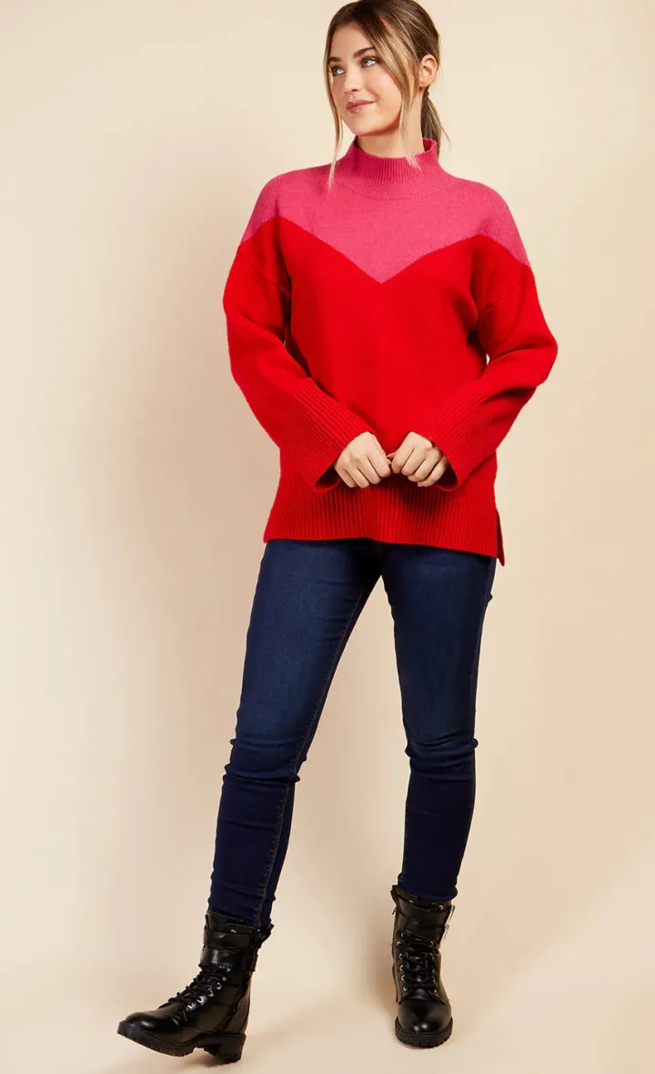 jolene_colour_block_jumpe_2.webp Little Mistress Jumpers & Cardigans<JOLENE COLOUR BLOCK JUMPER (PINK/RED)