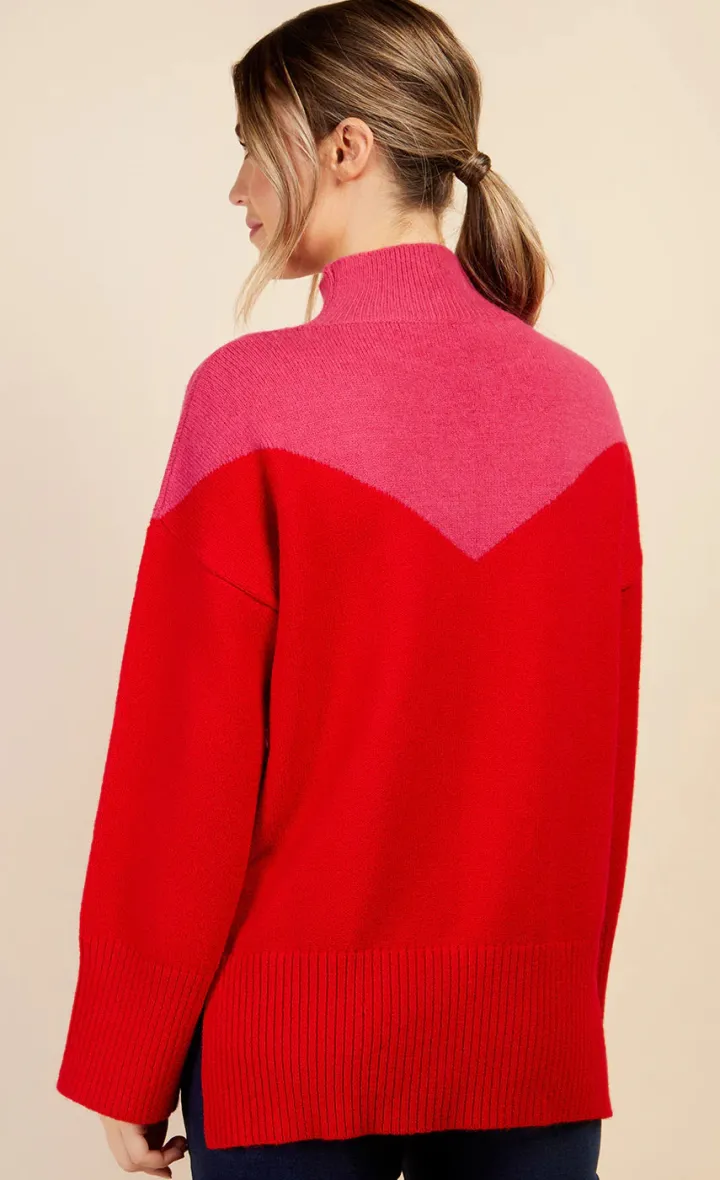 jolene_colour_block_jumpe_4.webp Little Mistress Jumpers & Cardigans<JOLENE COLOUR BLOCK JUMPER (PINK/RED)