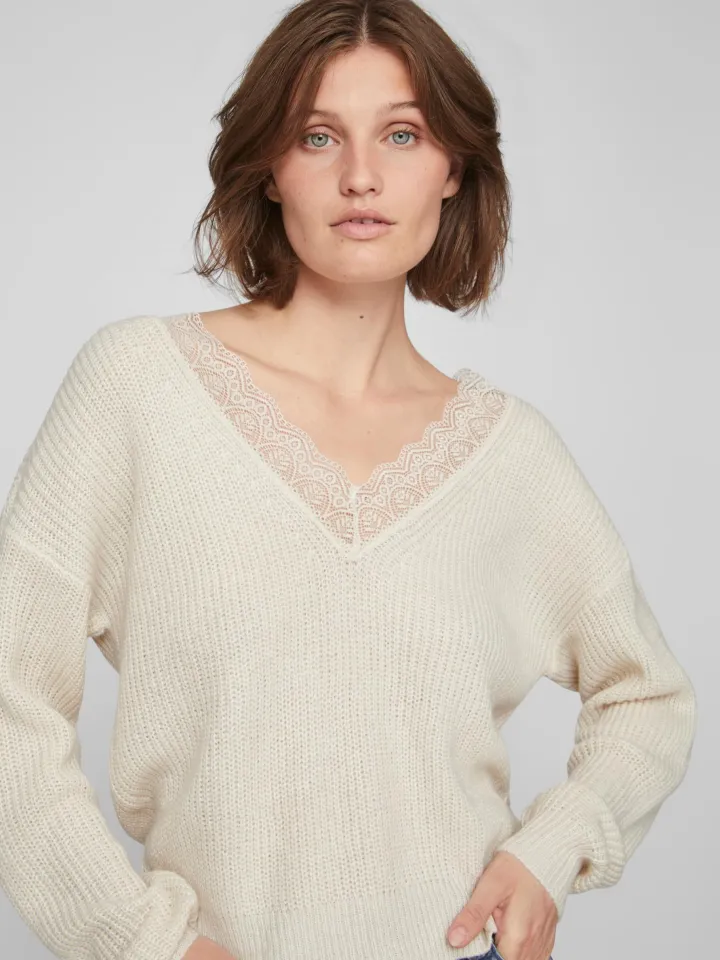 lacy_vneck_jumper_natural_2.webp Vila Jumpers & Cardigans<LACY V-NECK JUMPER (NATURAL MELANGE)