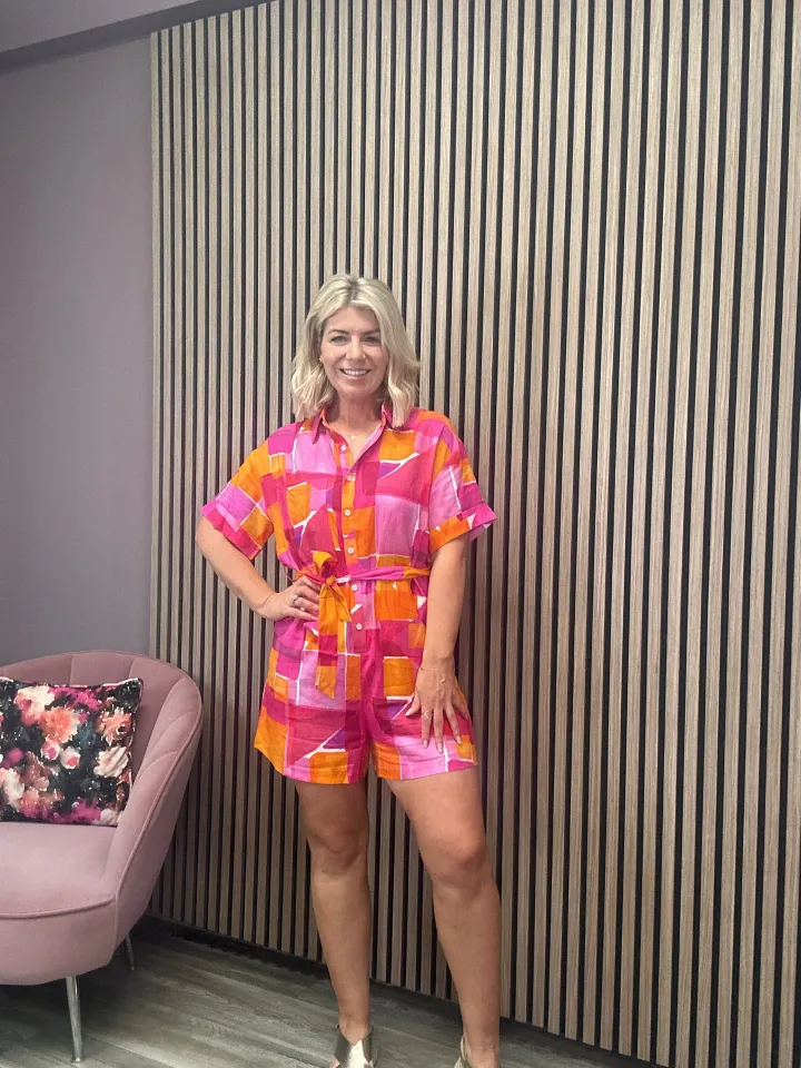 leoline_playsuit_geo_pink_0.webp Frnch Shorts & Playsuits<Leoline Playsuit (Geo Pink)