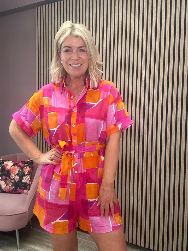 leoline_playsuit_geo_pink_1.webp Frnch Shorts & Playsuits<Leoline Playsuit (Geo Pink)