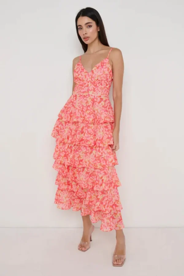 Pretty Lavish Occasionwear<LISSY RUFFLE MIDAXI DRESS (ORANGE/PINK)