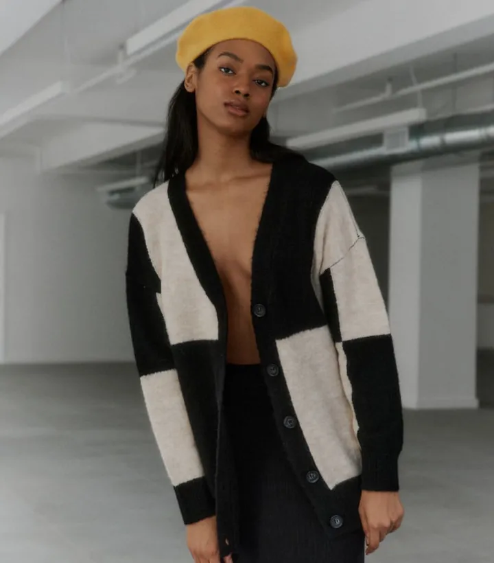 lura_cardigan_meteorite_c_1.webp Ichi Jumpers & Cardigans<LURA CARDIGAN (METEORITE CHECK)