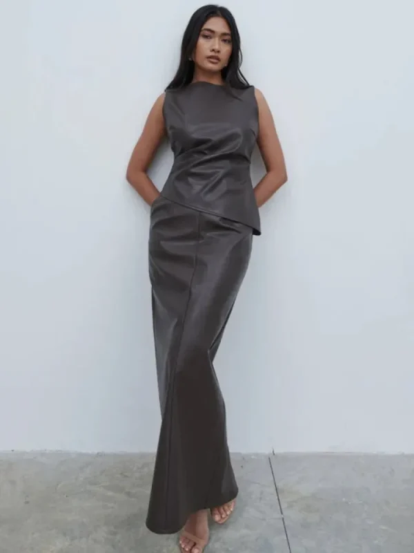 Pretty Lavish Co-Ords<Maeve Faux Leather Maxi Skirt (Dark Chocolate )
