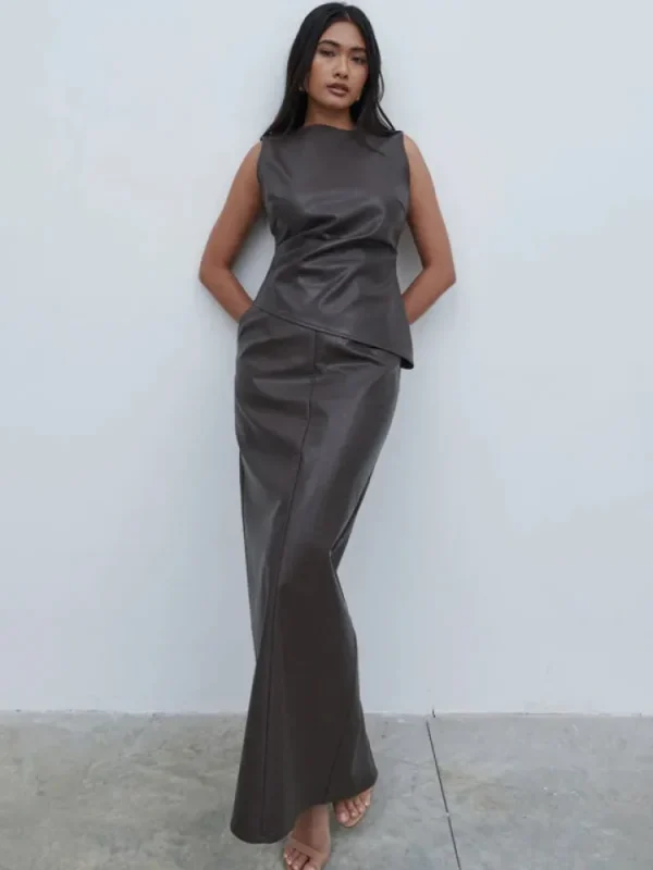 Pretty Lavish Camis & Vests | Co-Ords<Maeve High Neck Faux Leather Top (Dark Chocolate )