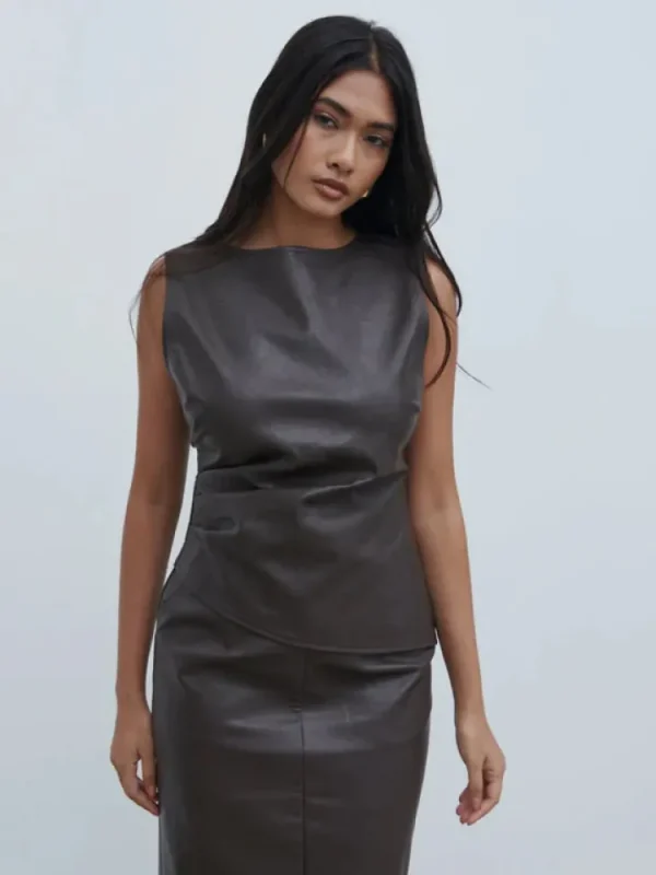 Pretty Lavish Camis & Vests | Co-Ords<Maeve High Neck Faux Leather Top (Dark Chocolate )