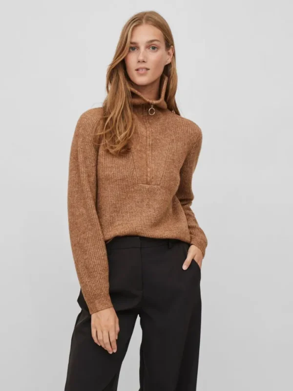 Vila Jumpers & Cardigans<Mathilda Zip Neck Jumper (Toasted Coconut)