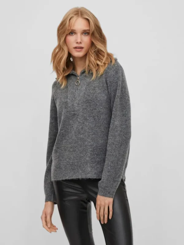 Vila Jumpers & Cardigans<Mathilda Zip Neck Jumper (Medium Grey Melange)