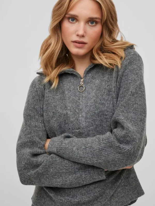 Vila Jumpers & Cardigans<Mathilda Zip Neck Jumper (Medium Grey Melange)