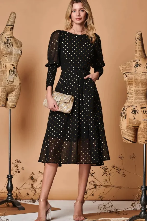 Jolie Moi Occasionwear<METALLIC CHIFFON PUFF SLEEVE MIDI DRESS (BLACK) CURVE