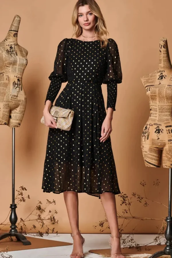 Jolie Moi Occasionwear<METALLIC CHIFFON PUFF SLEEVE MIDI DRESS (BLACK) CURVE