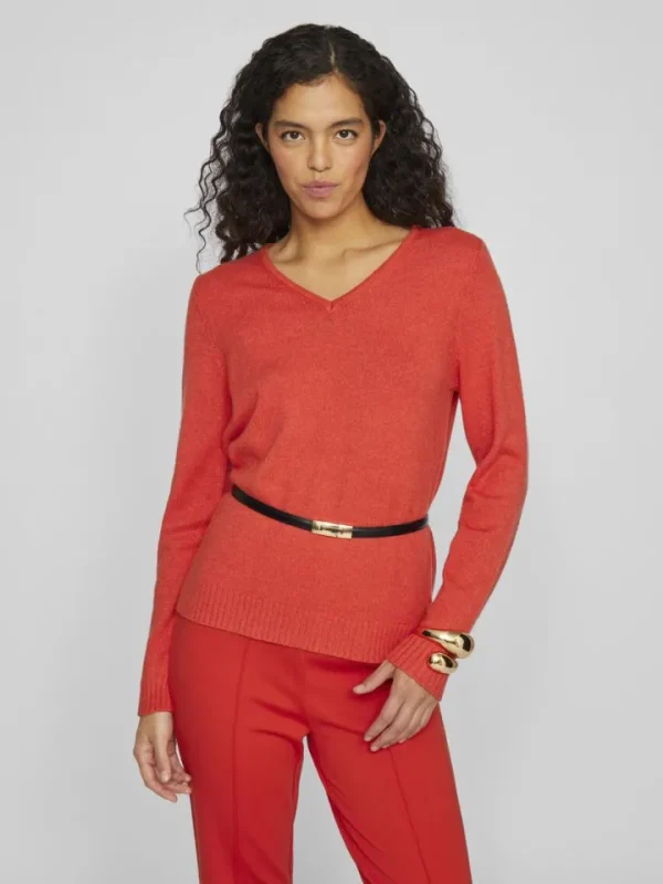 Vila Jumpers & Cardigans<Miela V-Neck Jumper (Aurora Red/Dark Melan)