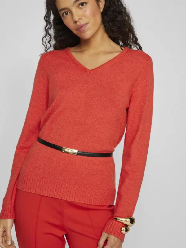 Vila Jumpers & Cardigans<Miela V-Neck Jumper (Aurora Red/Dark Melan)