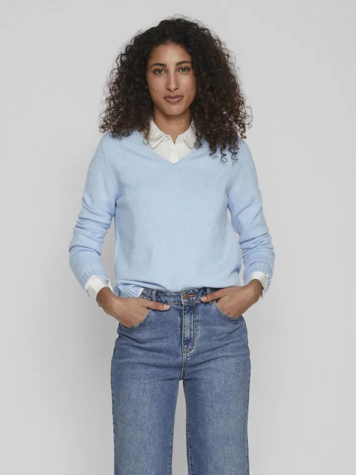 miela_vneck_jumper_blue_m_0.webp Vila Jumpers & Cardigans<MIELA V-NECK JUMPER (BLUE MELANGE)