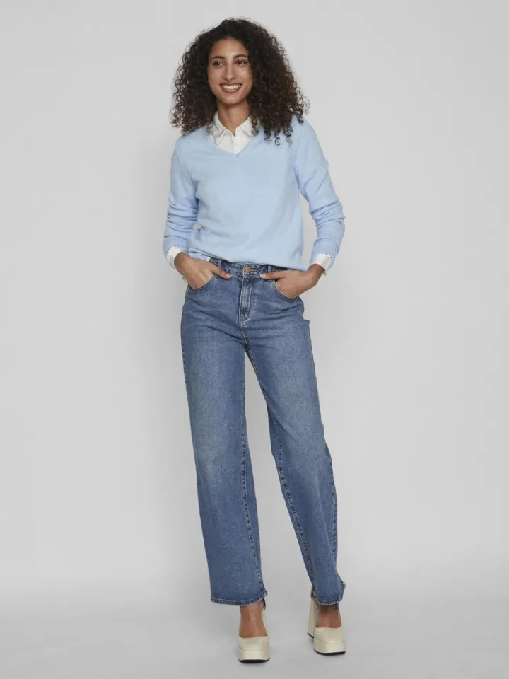 miela_vneck_jumper_blue_m_1.webp Vila Jumpers & Cardigans<MIELA V-NECK JUMPER (BLUE MELANGE)