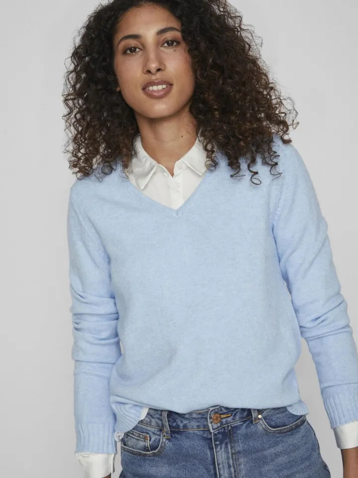 miela_vneck_jumper_blue_m_2.webp Vila Jumpers & Cardigans<MIELA V-NECK JUMPER (BLUE MELANGE)