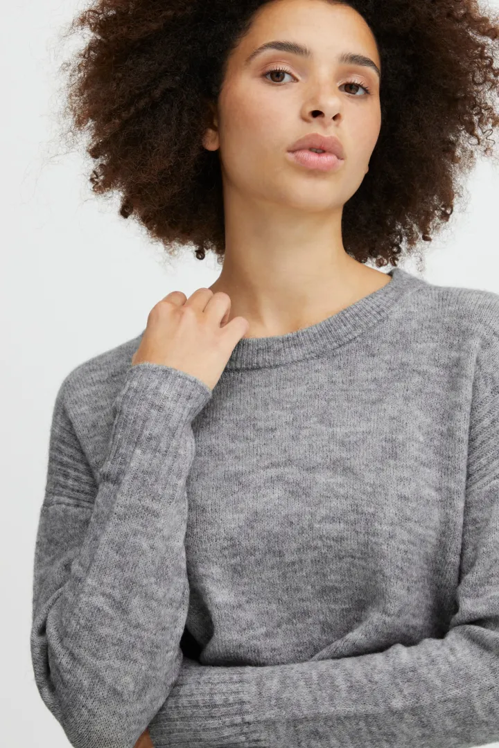 sam_jumper_grey_melange_2.webp Ichi Jumpers & Cardigans<SAM JUMPER (GREY MELANGE)