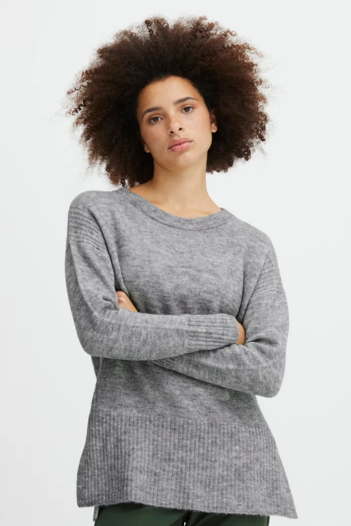 sam_jumper_grey_melange_3.webp Ichi Jumpers & Cardigans<SAM JUMPER (GREY MELANGE)