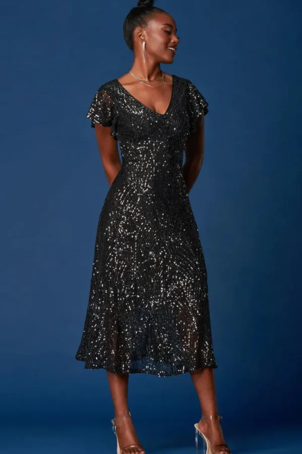 Jolie Moi Occasionwear<SEQUIN FIT & FLARE MAXI DRESS (BLACK) CURVE