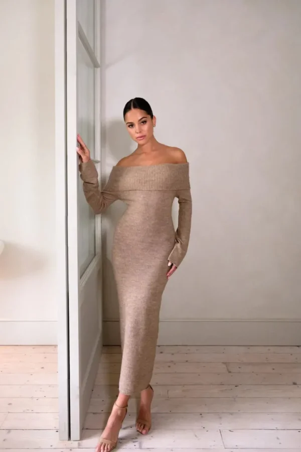 Pretty Lavish Jumpers & Cardigans<Soreya Bardot Knit Dress (Brown Marl)