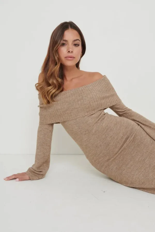 Pretty Lavish Jumpers & Cardigans<Soreya Bardot Knit Dress (Brown Marl)