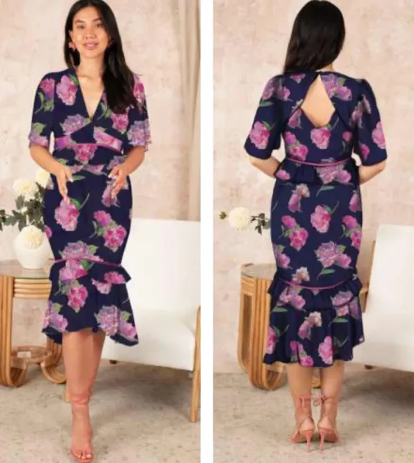 Hope & Ivy Occasionwear<THE AMORE PEPLUM WAIST MIDI DRESS WITH CONTRAST LADDER TRIM (NAVY/PINK) CURVE
