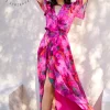 Hope & Ivy Occasionwear<The Corinne Flutter Sleeve Maxi Wrap Dress (Bright Pink)