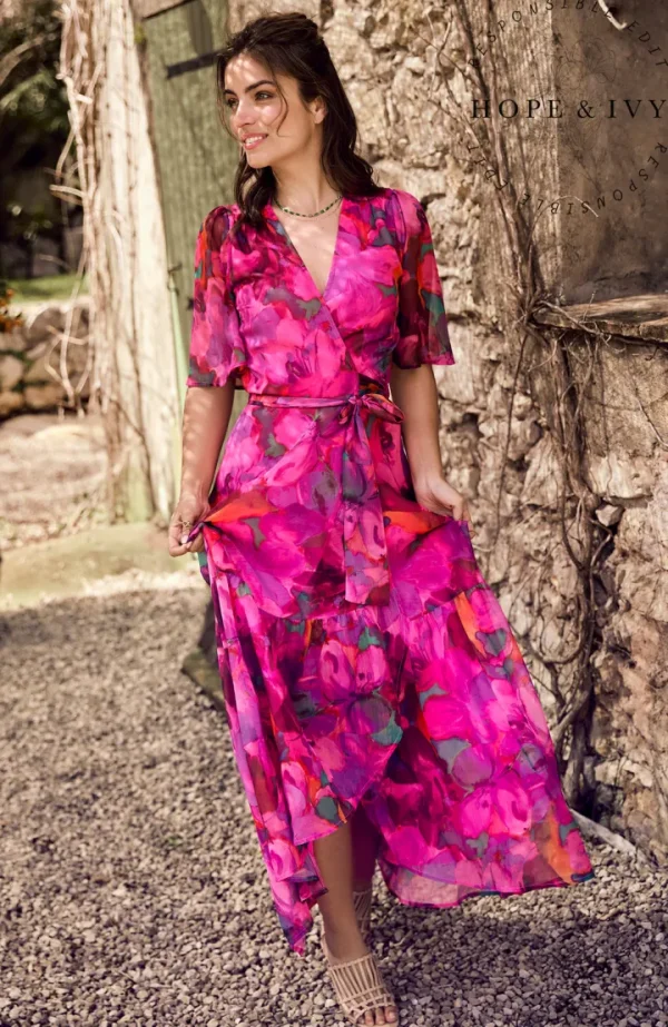 Hope & Ivy Occasionwear<The Corinne Flutter Sleeve Maxi Wrap Dress (Bright Pink)