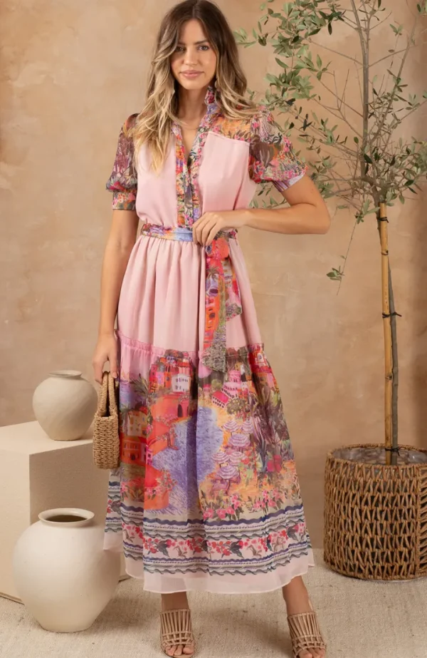 Hope & Ivy Occasionwear<The Fenella Button Front Midi Dress (Pink)