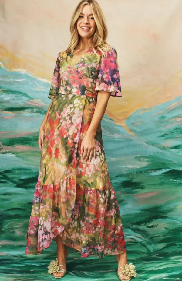 Hope & Ivy Occasionwear | Dresses<The Foxglove Floral Print Flutter Sleeve Maxi Wrap Dress