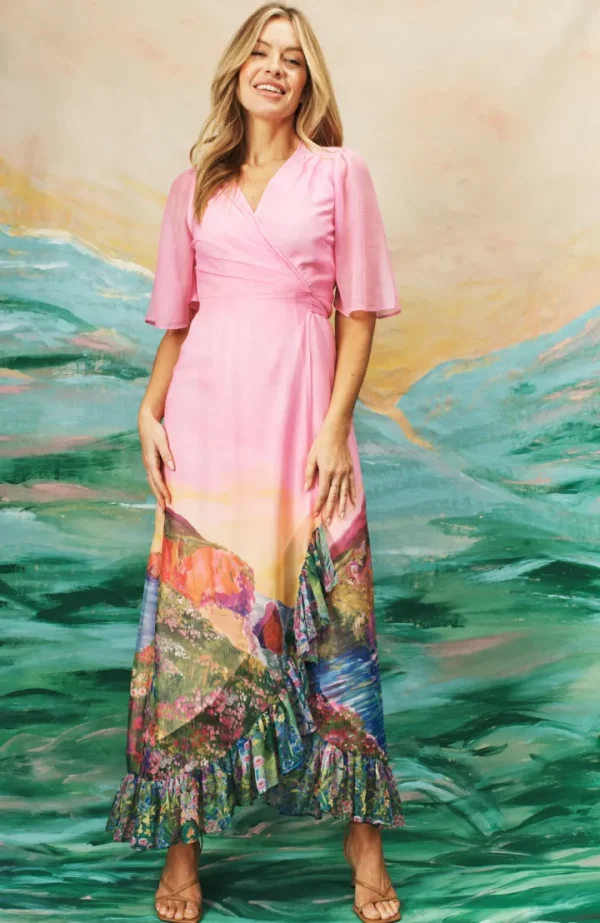 Hope & Ivy Occasionwear | Dresses<The Iris Printed Flutter Sleeve Maxi Wrap Dress
